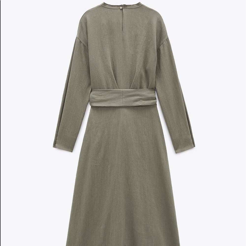 Zara LINEN BLEND MIDI DRESS w/ Tie Belt Green NEW - Picture 9 of 9